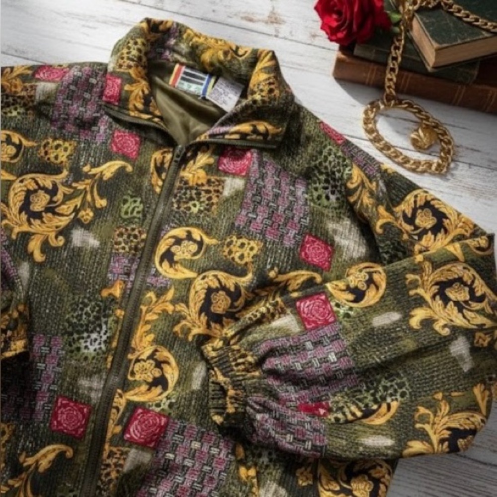 Div Rousso 100% Silk Vintage 90s Baroque & Leopard Print Bomber Jacket Womens Sm